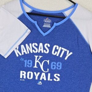 Majestic Womens Kansas City Royals T-Shirt XXL Raglan Graphic Blue V-Neck Tee